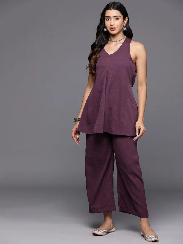 Varanga Women Mauve V-Neck Sleeveless Back Criss -Cross Detail Co-Ord Sets