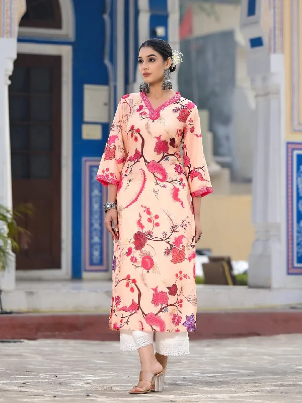 Varanga Women Mustard Floral Printed Kurta With V-Neck And Three Quarter Bell Sleeves