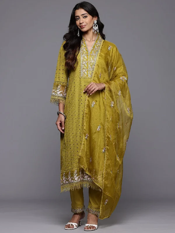 Varanga Women Mustard Schiffli Thread Embroidered Organza Detailed Kurta Set with Bottom and Dupatta