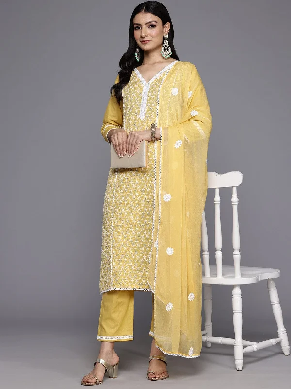 Varanga Women Mustard Thread Embroidered Kurta, Three Quarter Sleeves Paired With Bottom And Dupatta