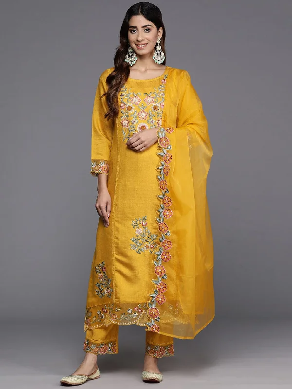 Varanga Women Mustard Yellow Embroidered Scallop Kurta Paired With Bottom And Dupatta