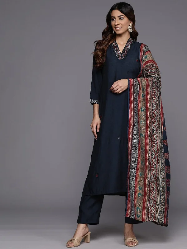 Varanga Women Navy Blue Beads And Stones Embeliished Kurta With Bottom And Dupatta