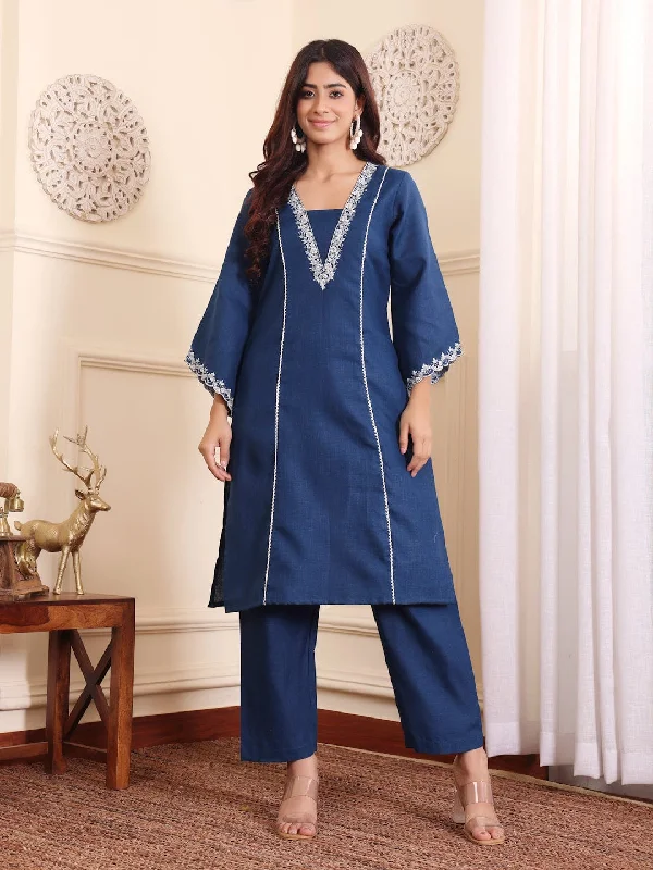 Varanga Women Navy Blue Floral Thread Embroidered Kurta With Trousers Co-Ord Set