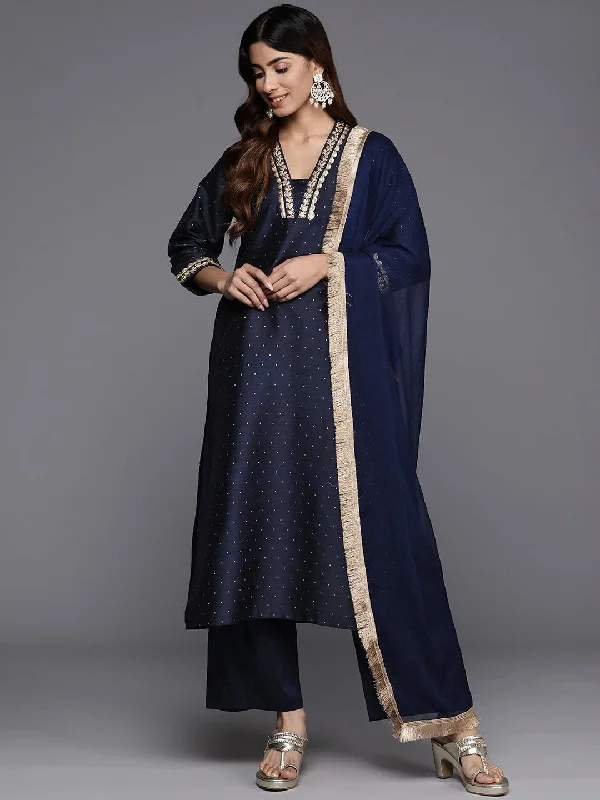 Varanga Women Navy Blue Gotta Lace Embellished A-Line Kurta With Bottom And Dupatta