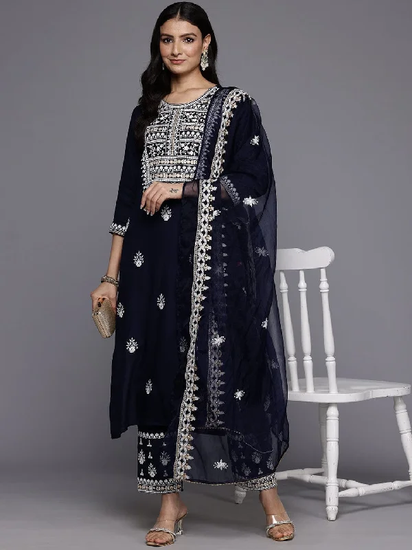 Varanga Women Navy Blue Round Neck Thread Embroidered Kurta Paired With Bottom And Dupatta