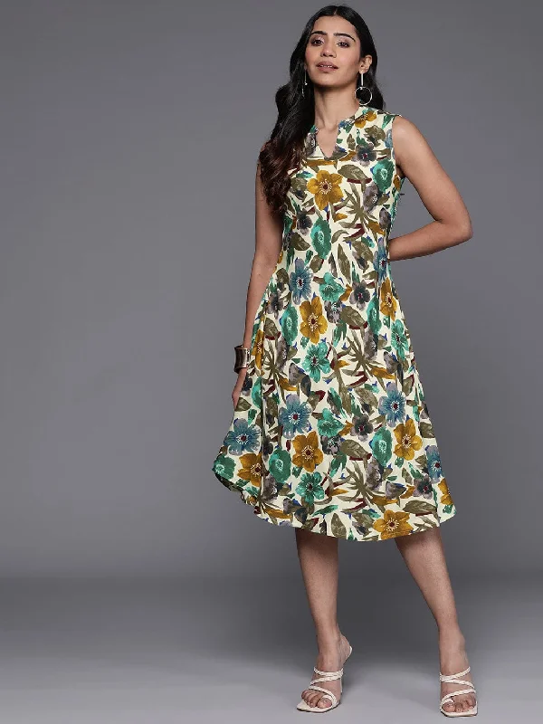 Varanga Women Off White Floral Printed Sleeveless A Line Dress.