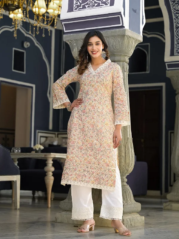 Varanga Women Off White Floral Prnted Straight Kurta