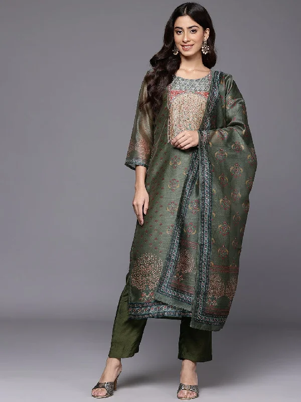 Varanga Women Olive Floral Printed Sequin Embellished  Straight Kurta Paired With Bottom  And Dupatta