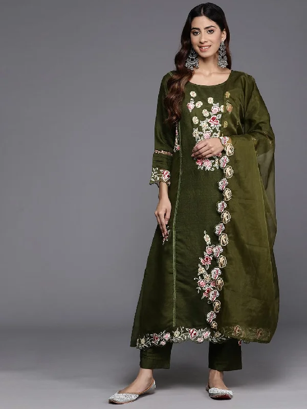 Varanga Women Olive Green Embroidered Scallop Kurta Paired With Bottom And Dupatta