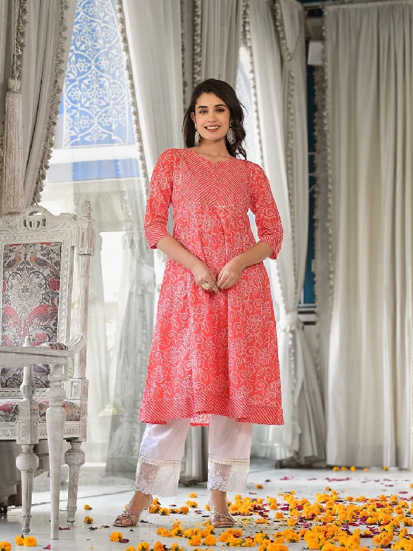 Varanga Women Peach And White Bandhani With Leheriya Mix Printed Anarkali Kurta With Gotta Work And Round Neck Js Vkur112510734