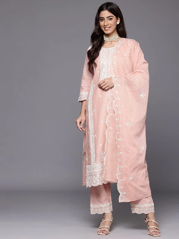 Varanga Women Peach Chikankari Embroidered Sequins Embellished Kurta With Bottom And Dupatta