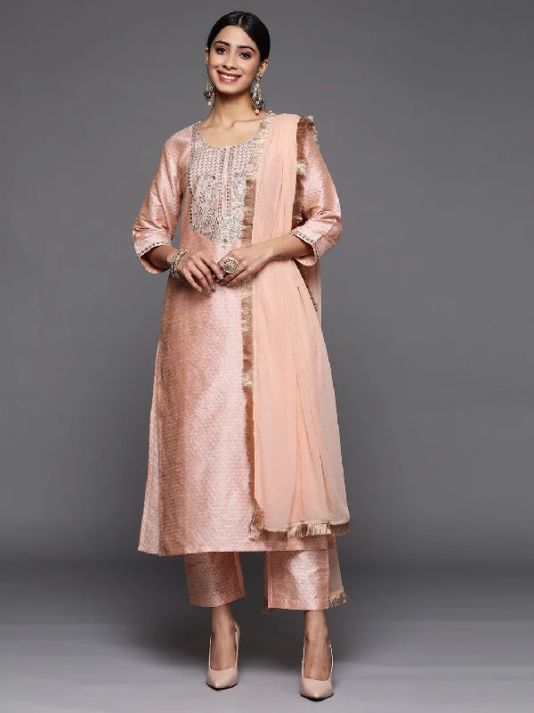 Varanga Women Peach Ethnic Motifs Embroidered Sequinned Kurta With Trousers & With Dupatta