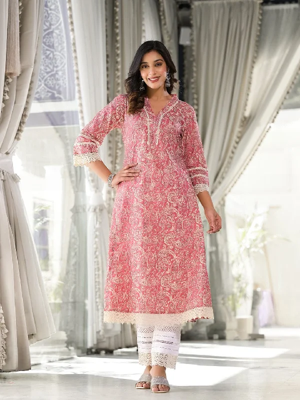 Varanga Women Peach Paisley Printed Lace Embellished  A-Line Kurta