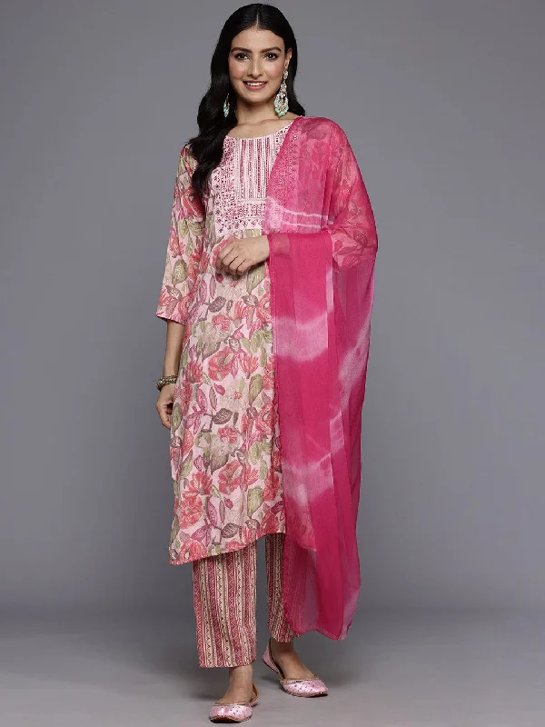 Varanga Women Peach Round Neck Embroidered Yoke Printed Kurta Paired With Printed Bottom & Tie-Dye Dupatta