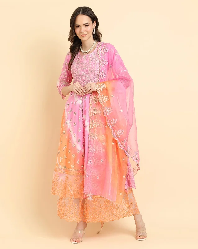 Varanga Women  Pink Embroidered Anarkali Paired With Tonal Bottom  And Ombre Dupatta