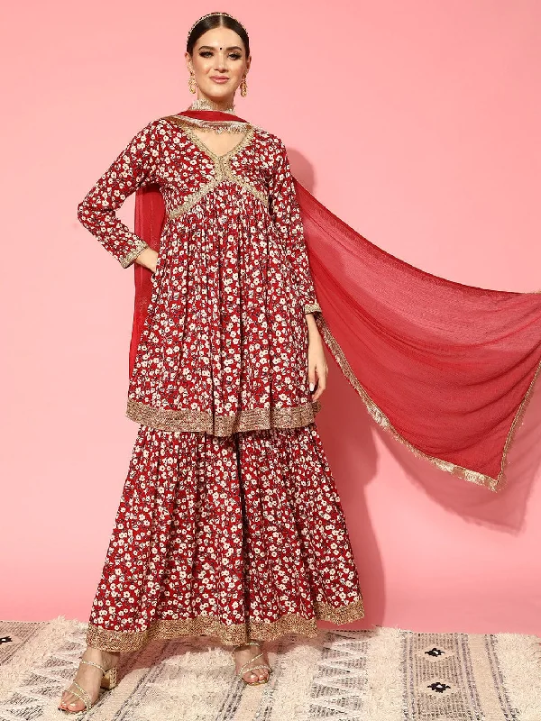 Varanga Women Pink Floral Printed Short Kurta Paired With Tonal Sharara And Dupatta