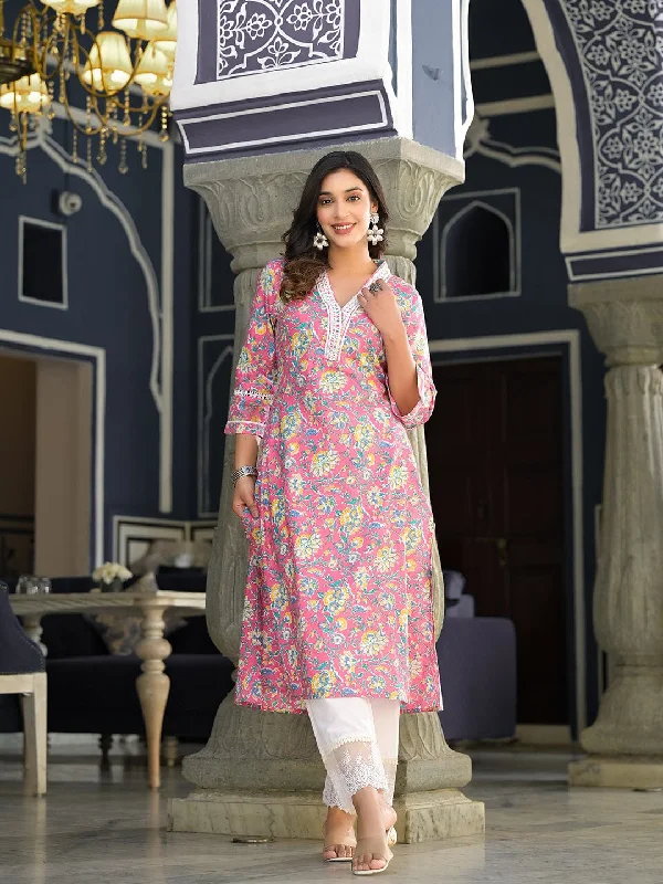 Varanga Women Pink Floral Printed V- Neckline Lace Detailed Stright Kurta