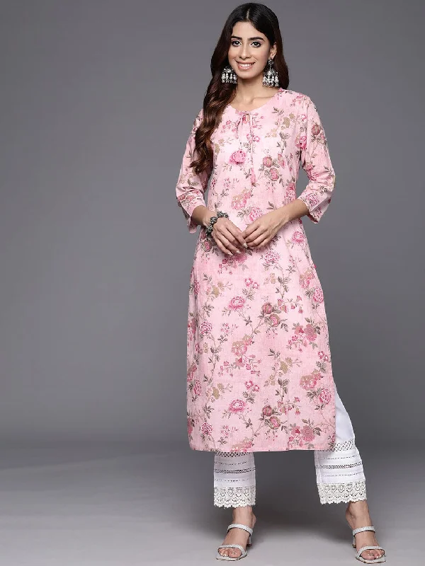 Varanga Women Pink Floral Printed With V Neck And Three Quater Sleeve Straight Kurta Rs Vkur1865