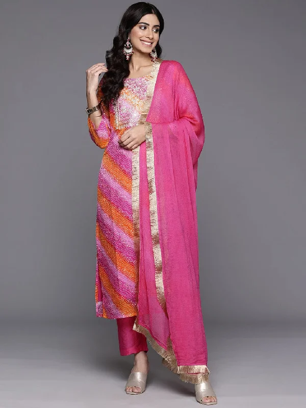 Varanga Women Pink Foil Printed Bandhani Zari Embroidered Kurta With Bottom And Dupatta