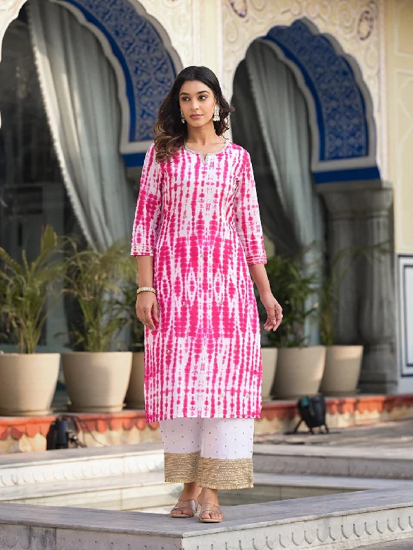 Varanga Women Pink Shibori Straight Kurta With Embellished Round Neck Js Vkur1028