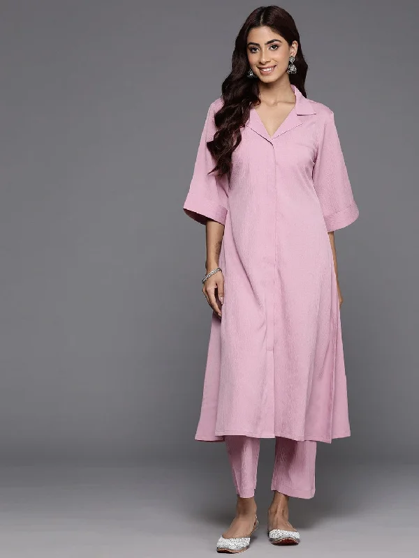 Varanga Women Pink Shirt Collar Neck A-Line Kurta Paired With Tonal Bottom