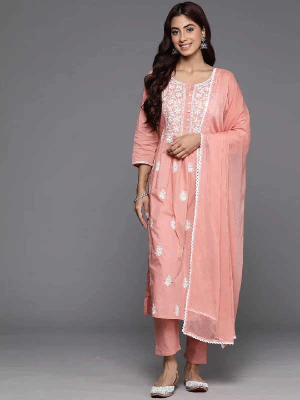 Varanga Women Pink Thread Embroidered Straight Kurta With Bottom And Dupatta