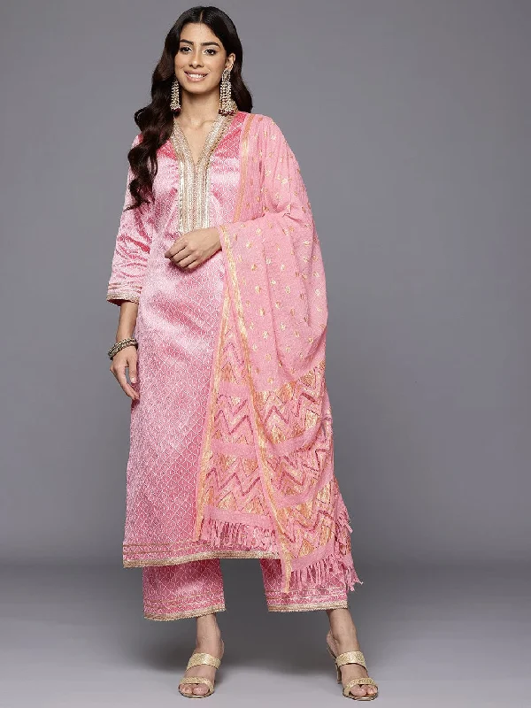 Varanga Women Pink Woven Jacquard Lace Embellished Kurta With Bottom And Dupatta