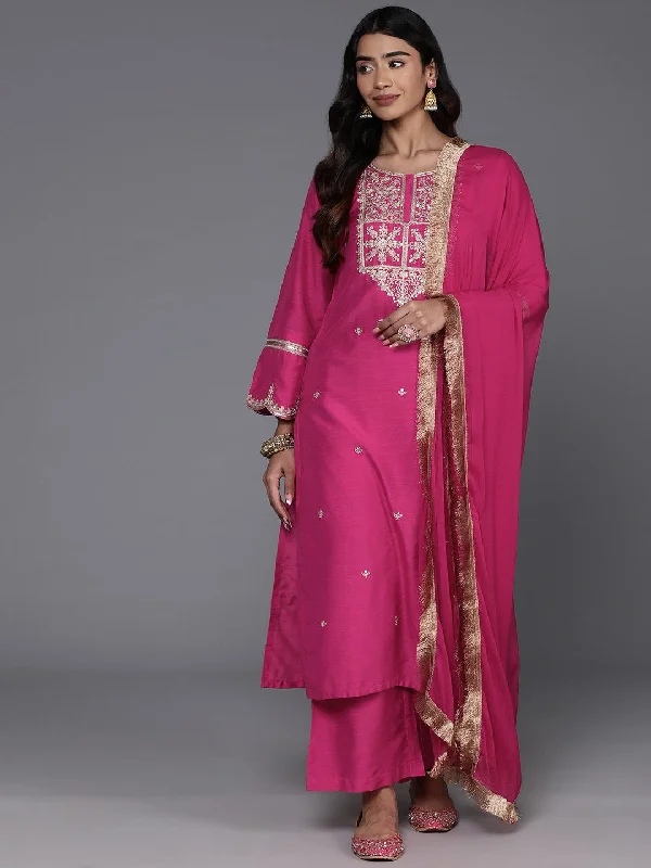 Varanga Women Pink Zari Embroidered Round Neck Straight Kurta With Tonal Bottom And Dupatta