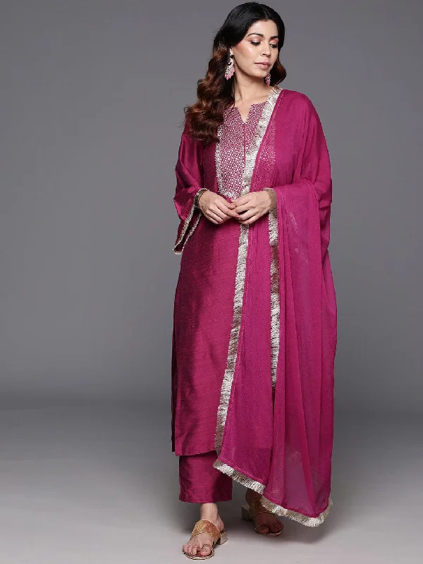 Varanga Women Pink Zari Embroidered Round Neck Straight Kurta With Tonal Bottom And Dupatta