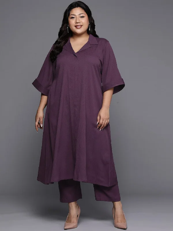 Varanga Women Plus Size Mauve Shirt Collar Neck A-Line Kurta Paired With Tonal Bottom