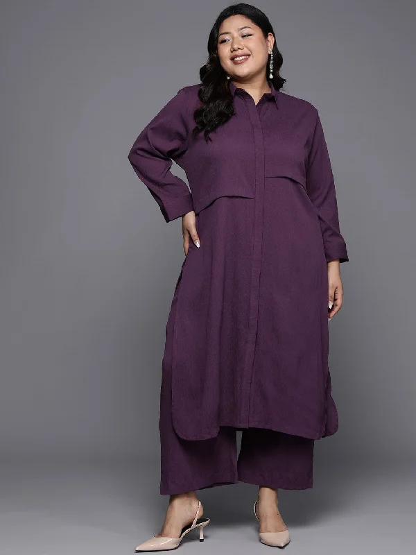 Varanga Women Plus Size Mauve Shirt Collar Straight  Kurta Paired With Tonal Bottom