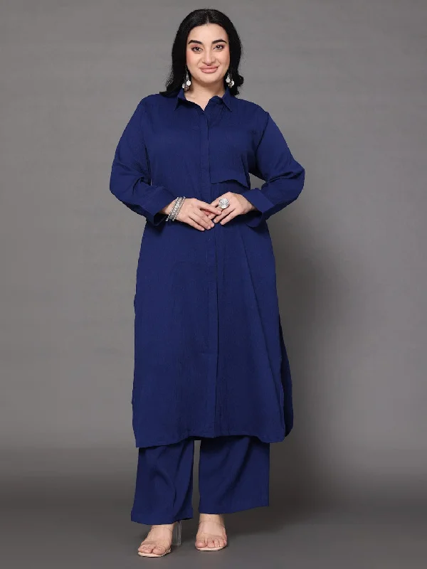 Varanga Women Plus Size Navy Blue Shirt Collar Straight  Kurta Paired With Tonal Bottom