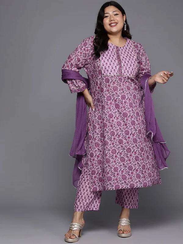 Varanga Women Plus Size Purple Floral Printedstraight Kurta Paired With Tonal Printed Bottom And Dupatta