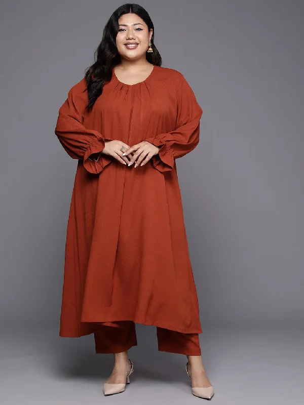 Varanga Women Plus Size Rust Colour, Bishop Sleeve A-Line Kurta Paired With Tonal Bottom