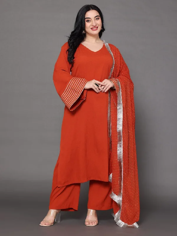 Varanga Women Plus Size Rust Solid V-Neck  Embellished With Gota Straight Kurta Paired With Tonal Bottom And Dupatta