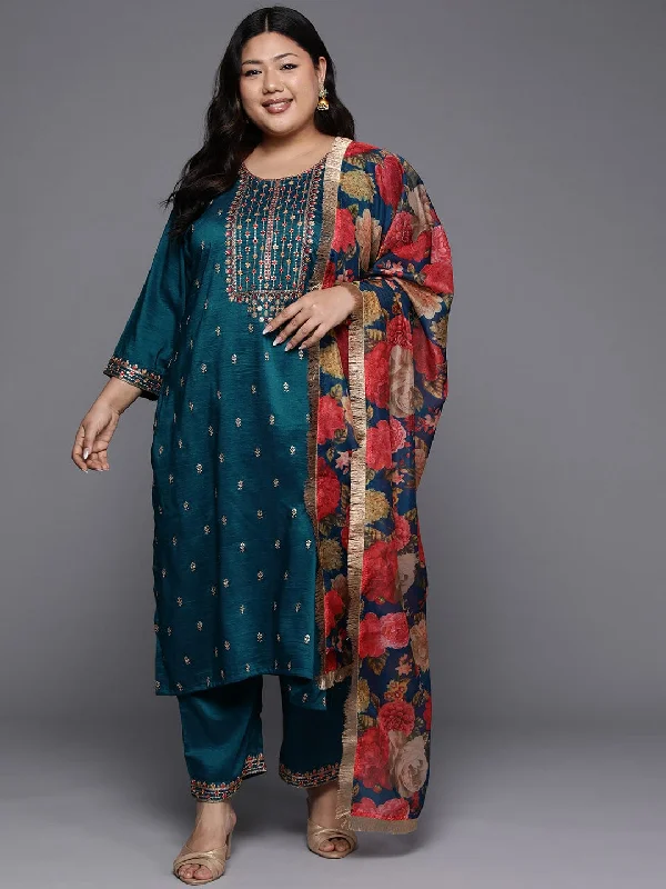 Varanga Women Plus Size Teal Embroidered Straight Kurta Paired With Tonal Bottom And Printed Dupatta.