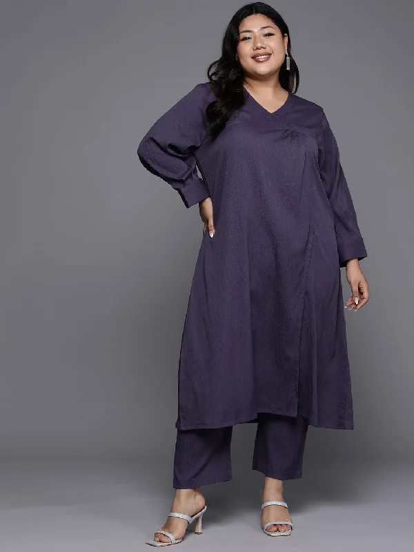 Varanga Women Plus Size Violet Angrakha Style A-Line Kurta Paired Wth Tonal Bottom