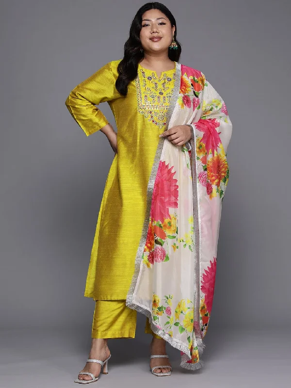 Varanga Women Plus Size Yellow Embroidered Kurta  With Tonal Bottam And Contrast Printed Dupatta