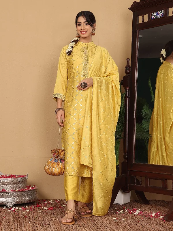 Varanga Women Pure Silk Lime Green Woven Sequins Design Kurta Paired With Bottom And Dupatta