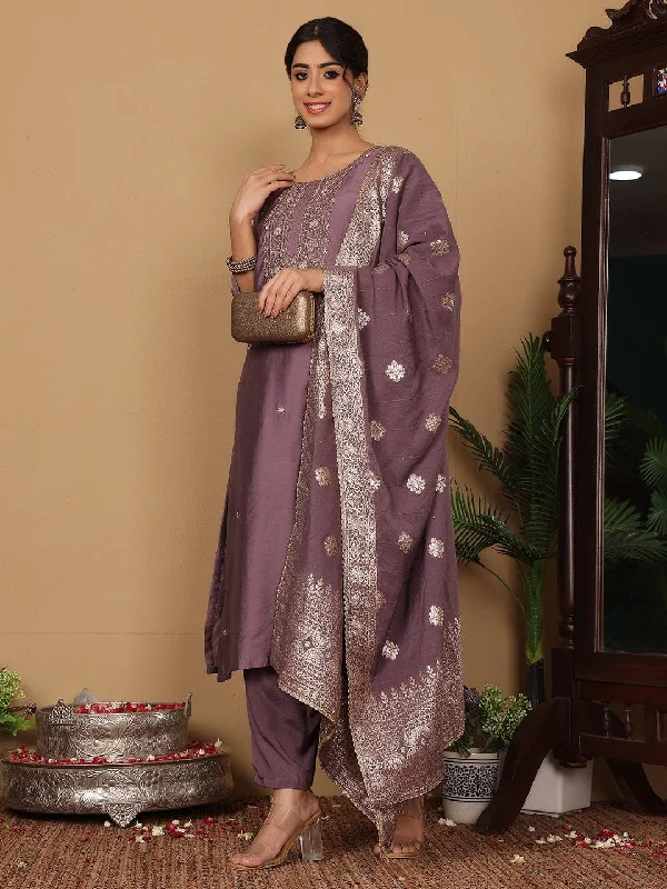 Varanga Women Pure Silk Mauve Woven Design Kurta Paired With Bottom And Dupatta