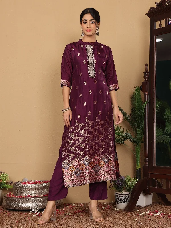 Varanga Women Pure Silk Purple Woven Design Kurta With Bottom And Dupatta