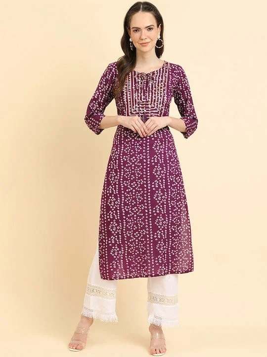 Varanga Women Purple Bandhani Printed Straight Kurta