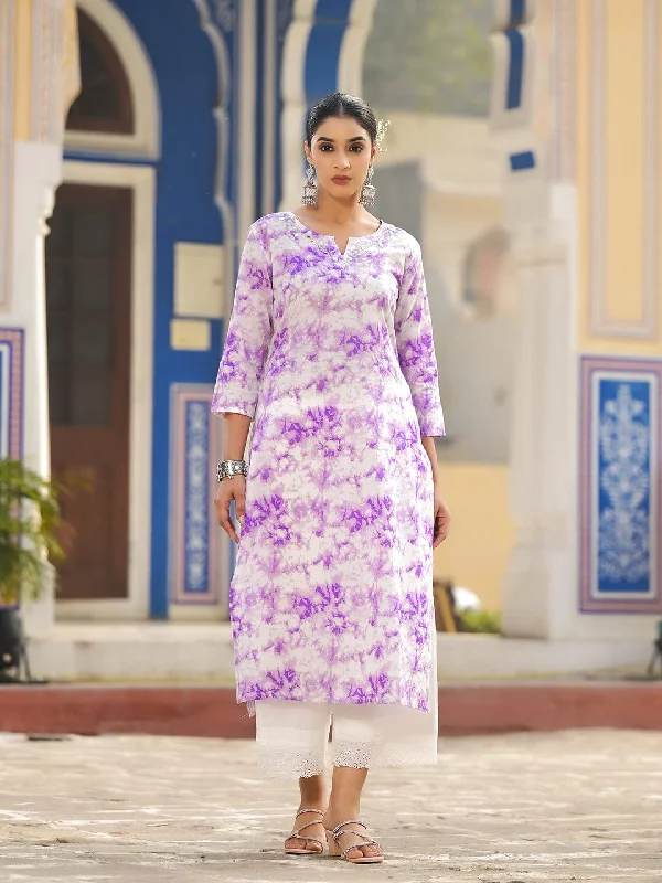 Varanga Women Purple Shibori Straight  Kurta With Embroidered Neckline