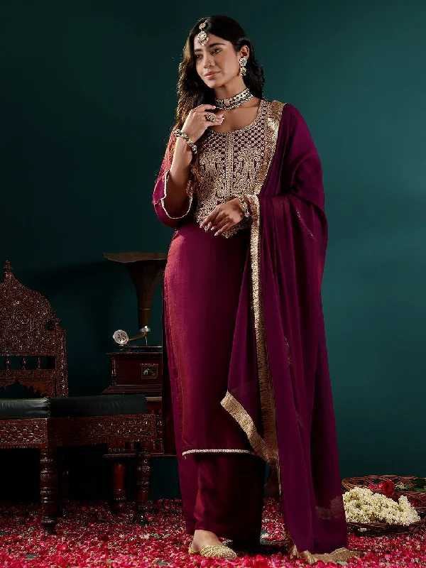 Varanga Women Purple Zari Embroidered Kurta With Bottom And Dupatta