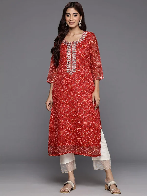 Varanga Women Red Bandhani Printed, Three Quarter Sleeves Straight Kurta.