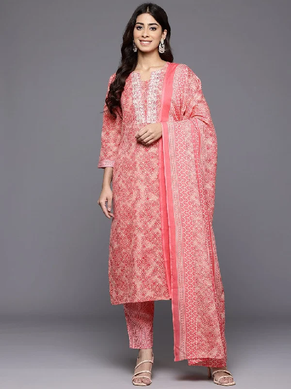 Varanga Women Red Printed Round Neck Yoke Embroidered Straight Kurta Paired With Bottom And Dupatta