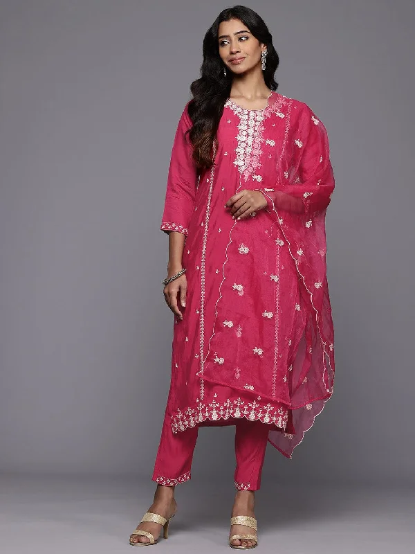 Varanga Women Rose Pink Cotton Thread Embroidered Detailed Kurta Set with Bottom and Dupatta