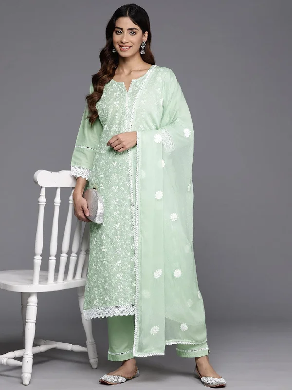 Varanga Women Round Neck Thread Embroidered Kurta Paired With Tonal Bottom And Embroiderd Dupatta