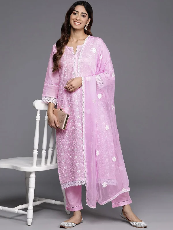 Varanga Women Round Neck Thread Embroidered Kurta Paired With Tonal Bottom And Embroiderd Dupatta