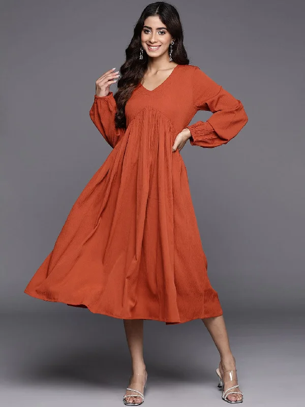 Varanga Women Rust V-Neck Bishop Sleeves Calf Length A-Line Dress Flared Hem